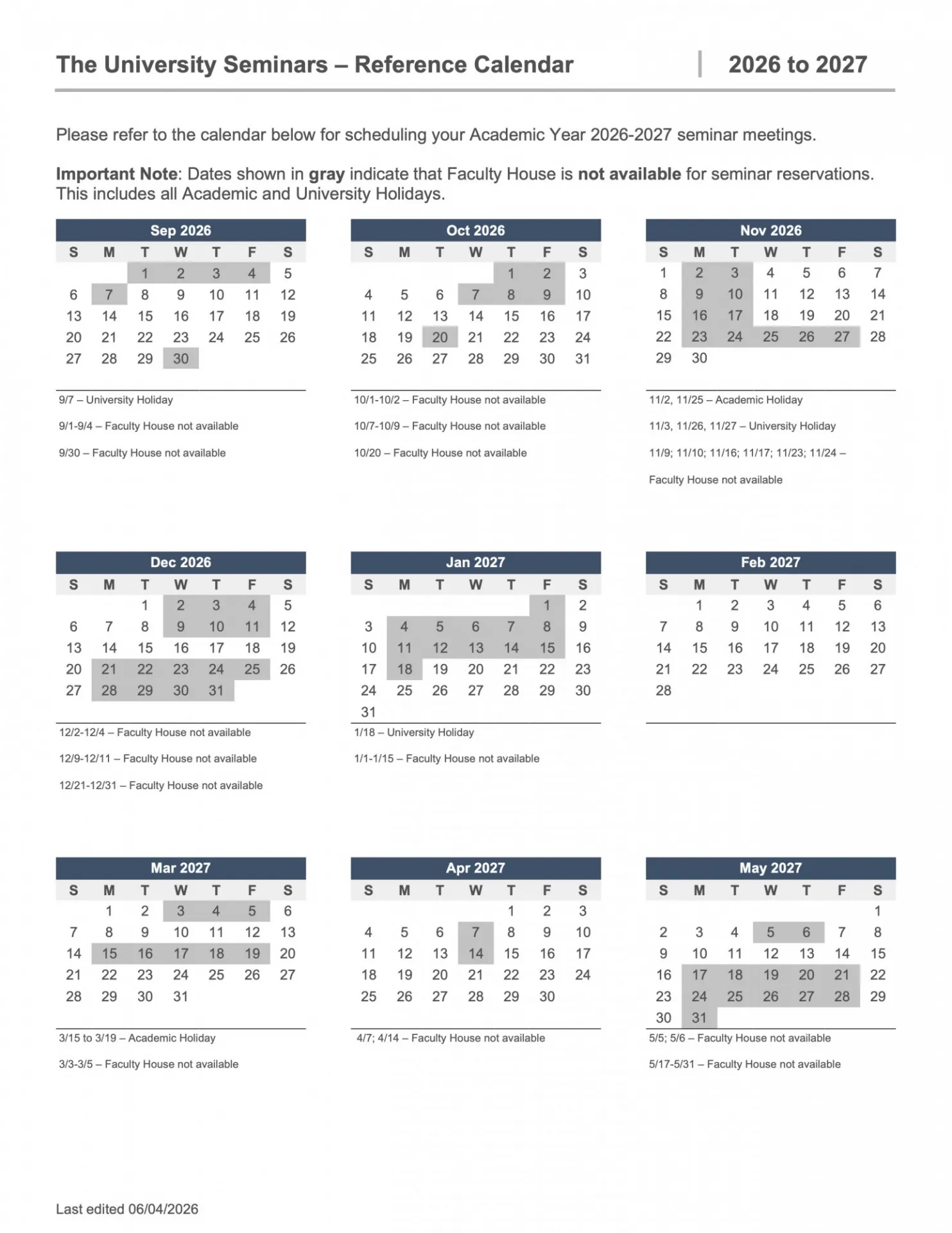 Seminar Meeting Schedule Reference Calendar