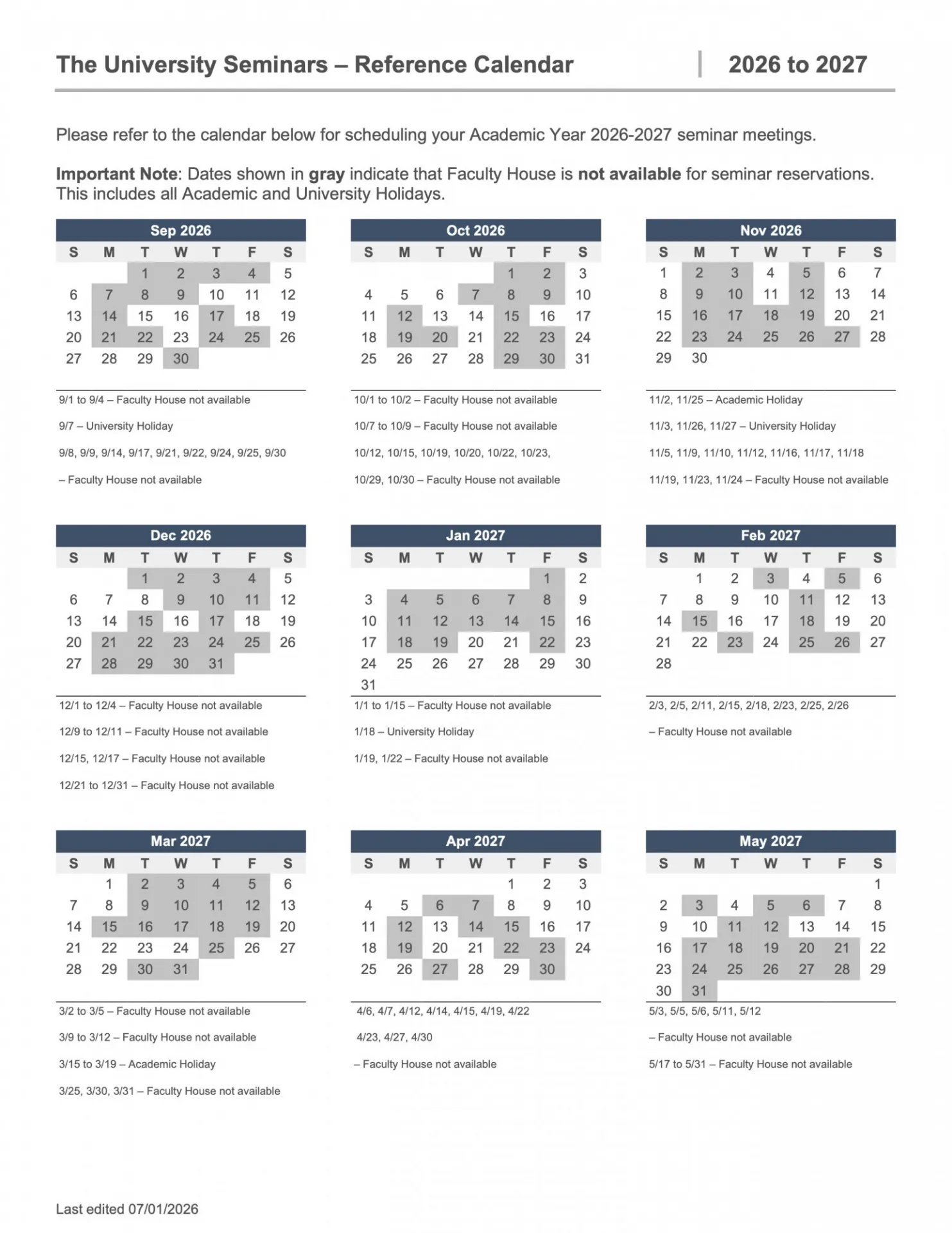 Seminar Meeting Schedule Reference Calendar