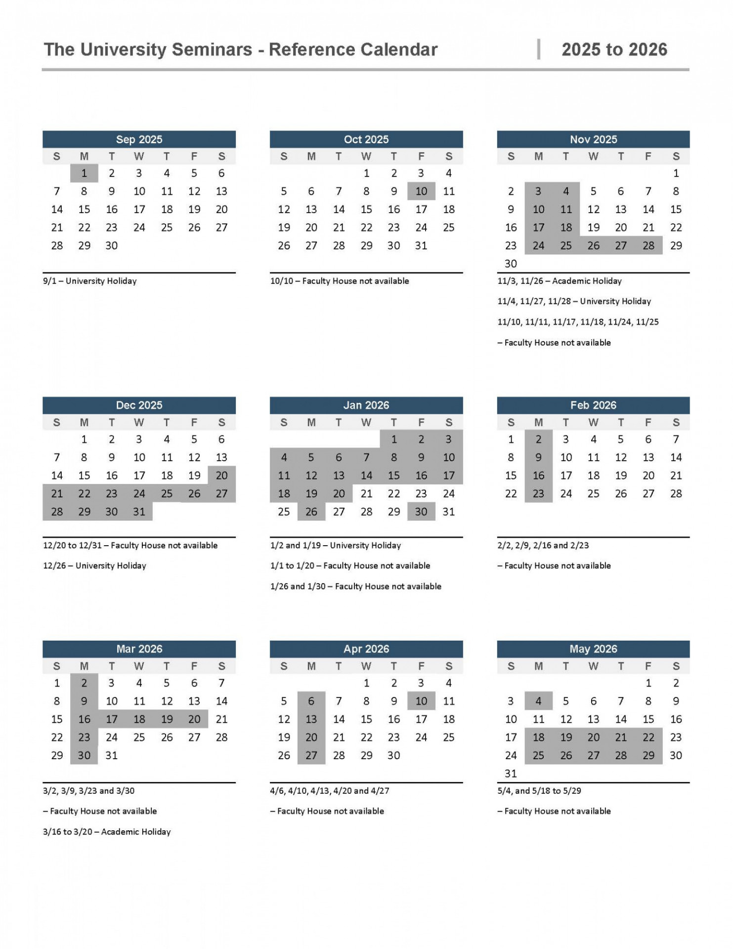 In Session Calendar